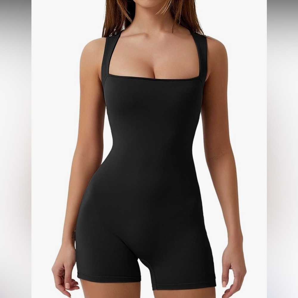Qinsen Square Neck Stretch Romper Unitard Bodysuit Jumpsuit Sz S